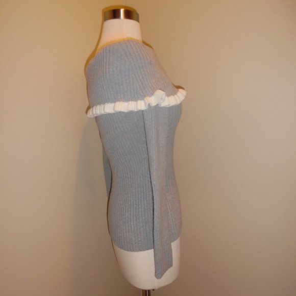 Intermix Gray Raylynn Ruffle Off Cold Shoulder Cocktail Sweater Top Pullover - Picture 9 of 12